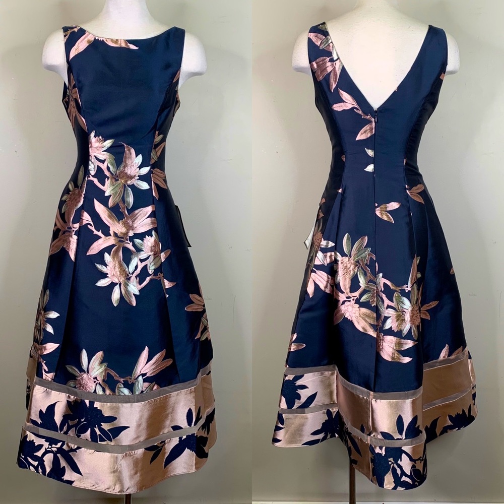 Adrianna Papell size 4 navy floral short jacquard dress NWT